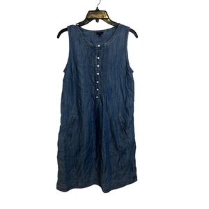 Talbots Sleeveless Chambray Denim Dress Women's Size 8 Button Front Pockets